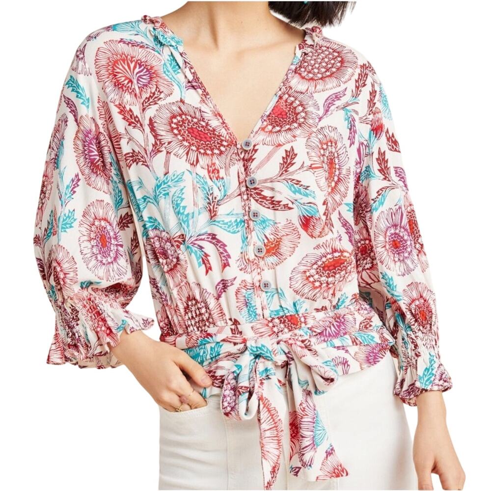 Anthropologie Tugboat Saraya Boho Floral Tie Front Blouse Size Large